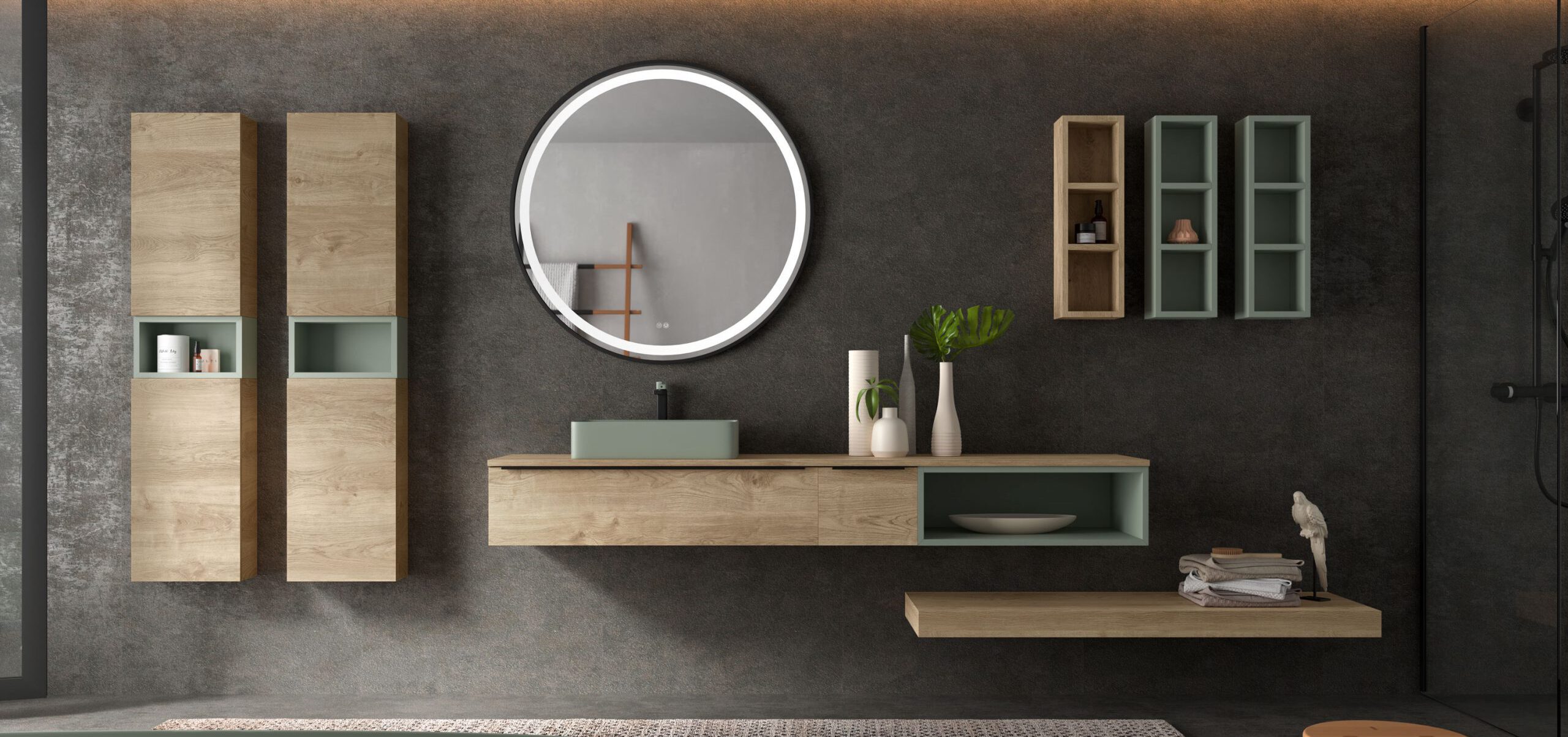 Modernes Badezimmer mit hängenden Wandschränken in Nussbraun und Mintgrün, LED-Spiegel, Waschbecken mit Armatur, Waschbeckenunterschrank und Ablageflächen – exklusive Baddesign-Produkte von Madak.