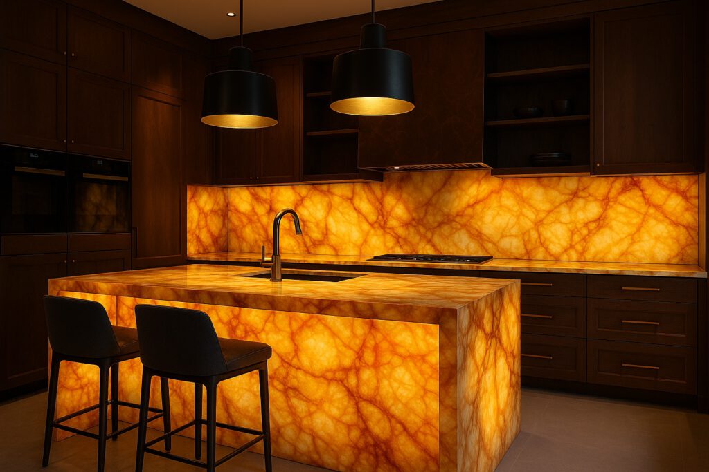 exklusive Küche aus hinterleuchtetem Onyx, Küchenwand und Kücheninsel aus Onyx