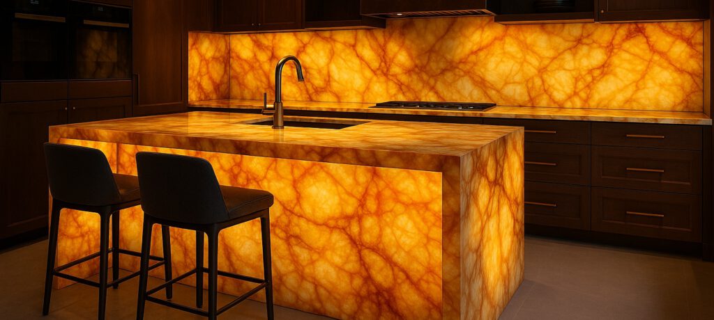 exklusive Küche aus hinterleuchtetem Onyx, Küchenwand und Kücheninsel aus Onyx