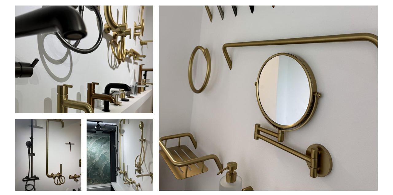 Zusammengestelltes Bild aus vier Ansichten mit Badzubehör, Armaturen, Duschsystemen, Spiegeln und Handtuchhaltern im Madak Showroom Mannheim.