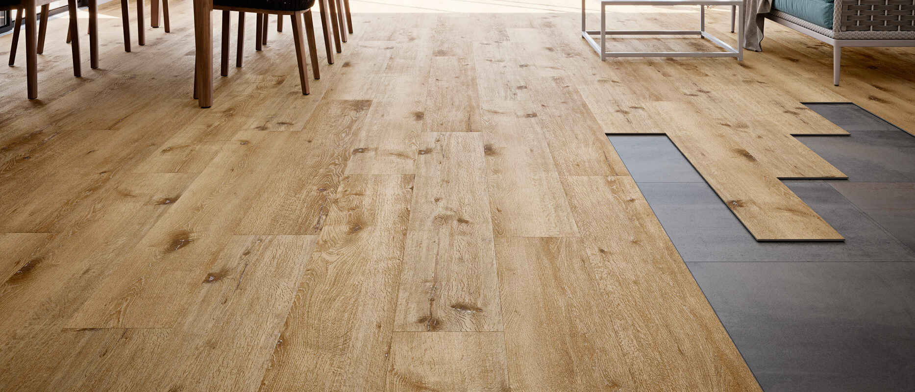 Vinylboden in Dielenoptik mit sichtbaren Holzmaserungen, Klicksystem, warm und gemütlich, natürliche Optik.