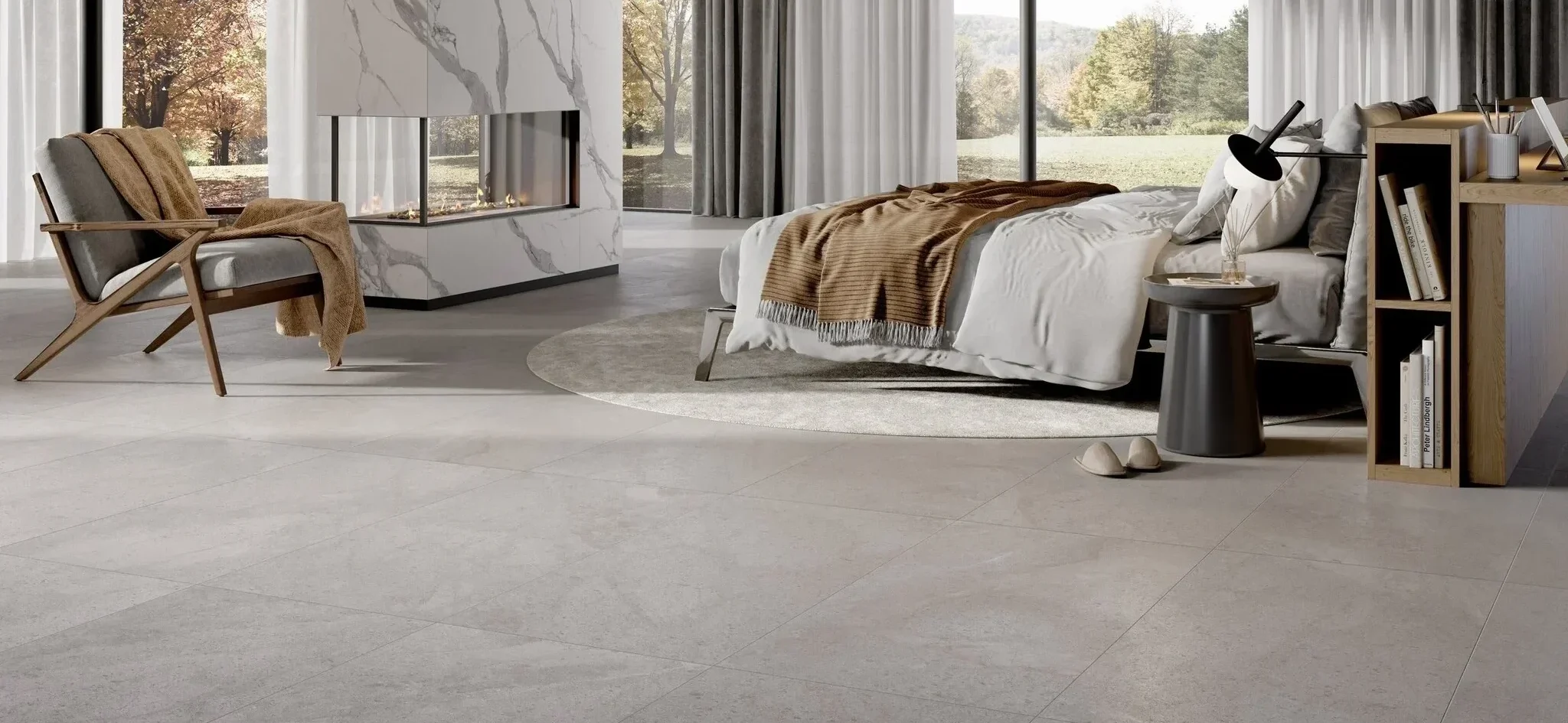 Modernes Schlafzimmer mit grauer 120 × 120 cm Feinsteinzeugfliese in dezenter Natursteinoptik, matt R10 – Monatsangebot.