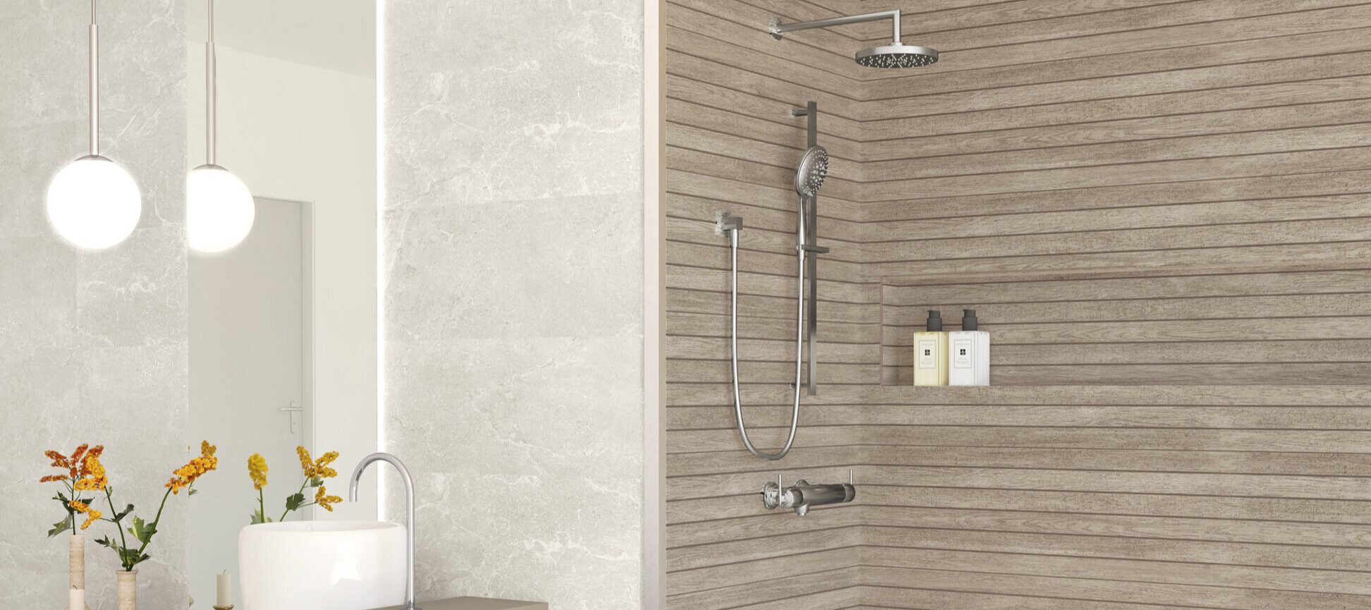 Badezimmer mit horizontal verlegten Holzoptik-Fliesen in graubraunem Ton – langlebig, abrieb- und wasserresistent.