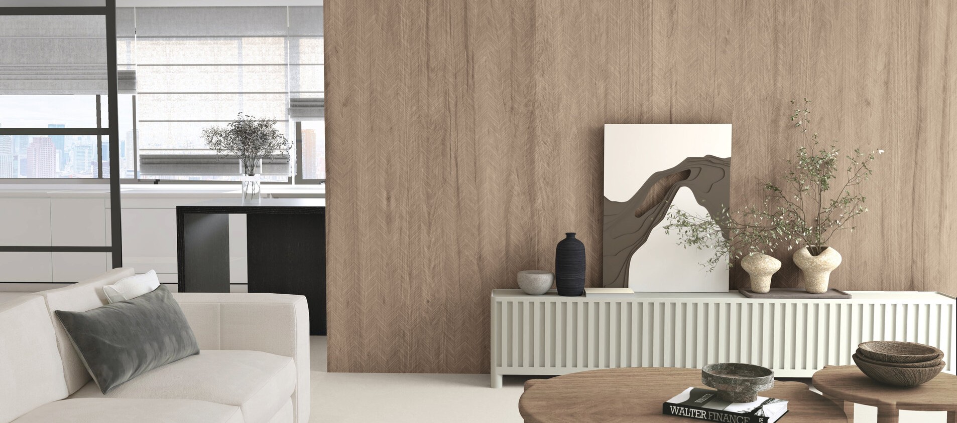 Wohnzimmer mit angrenzender Küche, Dielenoptik-Holzoptik-Fliesen in warmen Tönen als Raumtrenner und Wandgestaltung.