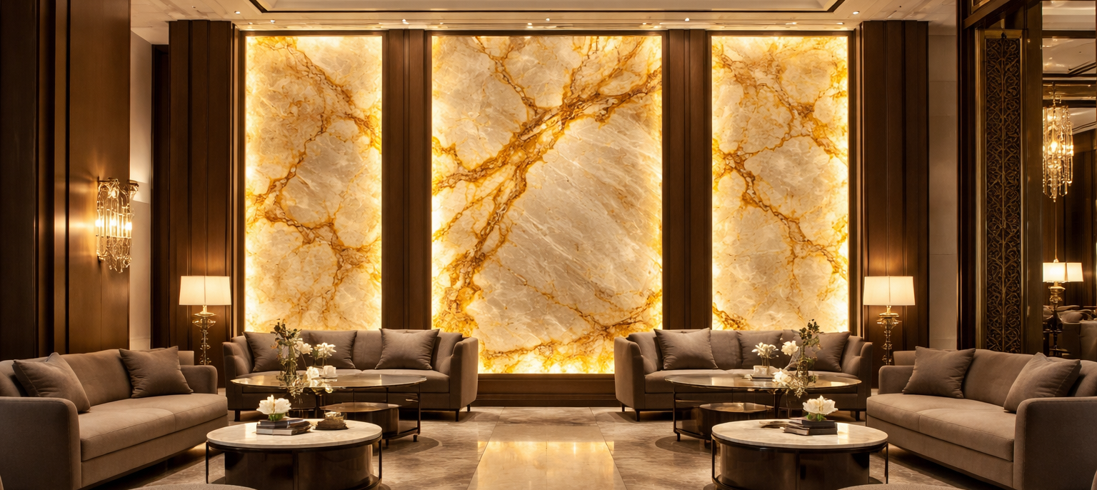 Elegante Lobby mit hinterleuchteten Großformat-Onyxplatten in hellbeige mit goldenen Marmoreierungen – exklusiv, einzigartig, High-Finish.