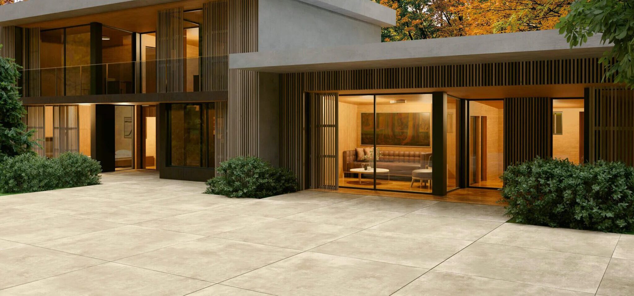 Luxuriöse Terrasse mit großformatigen 120 × 120 cm Fliesen in creme-beiger Spachtel-, Beton- und Resinoptik, griffige und trittsichere Oberfläche.