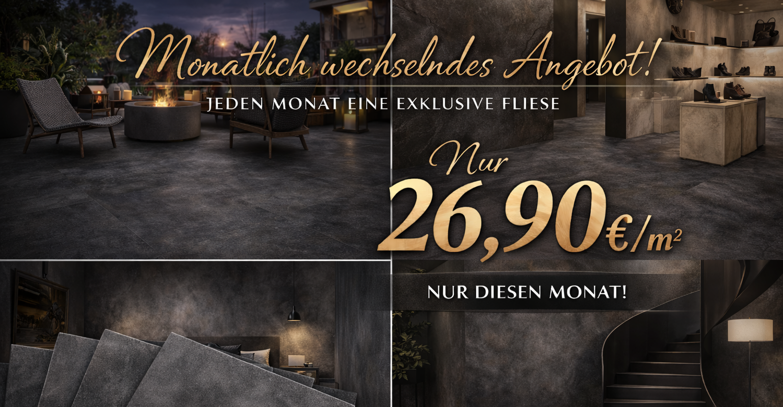 Schriftzug „Monatliches Fliesenangebot“ vor Hintergrund aus Spachteloptik-Fliesen in Anthrazit, verlegt in gemütlichem Wohnraum.