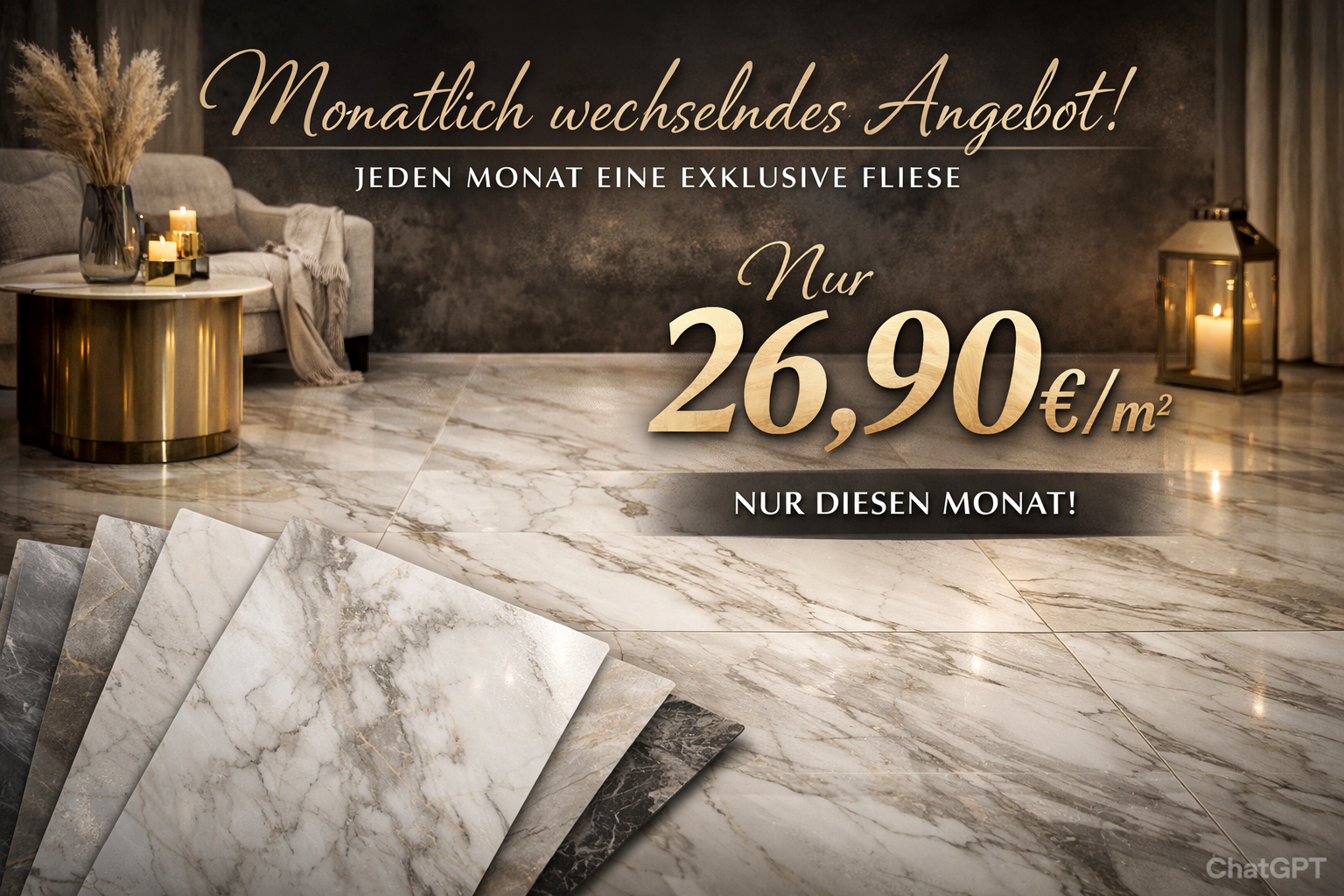 Monatlich wechselndes Fliesenangebot für 26,90 €/m² mit Premiumfliesen aus Italien und Spanien, dargestellt vor einem Raum mit Natursteinoptik-Fliesen.