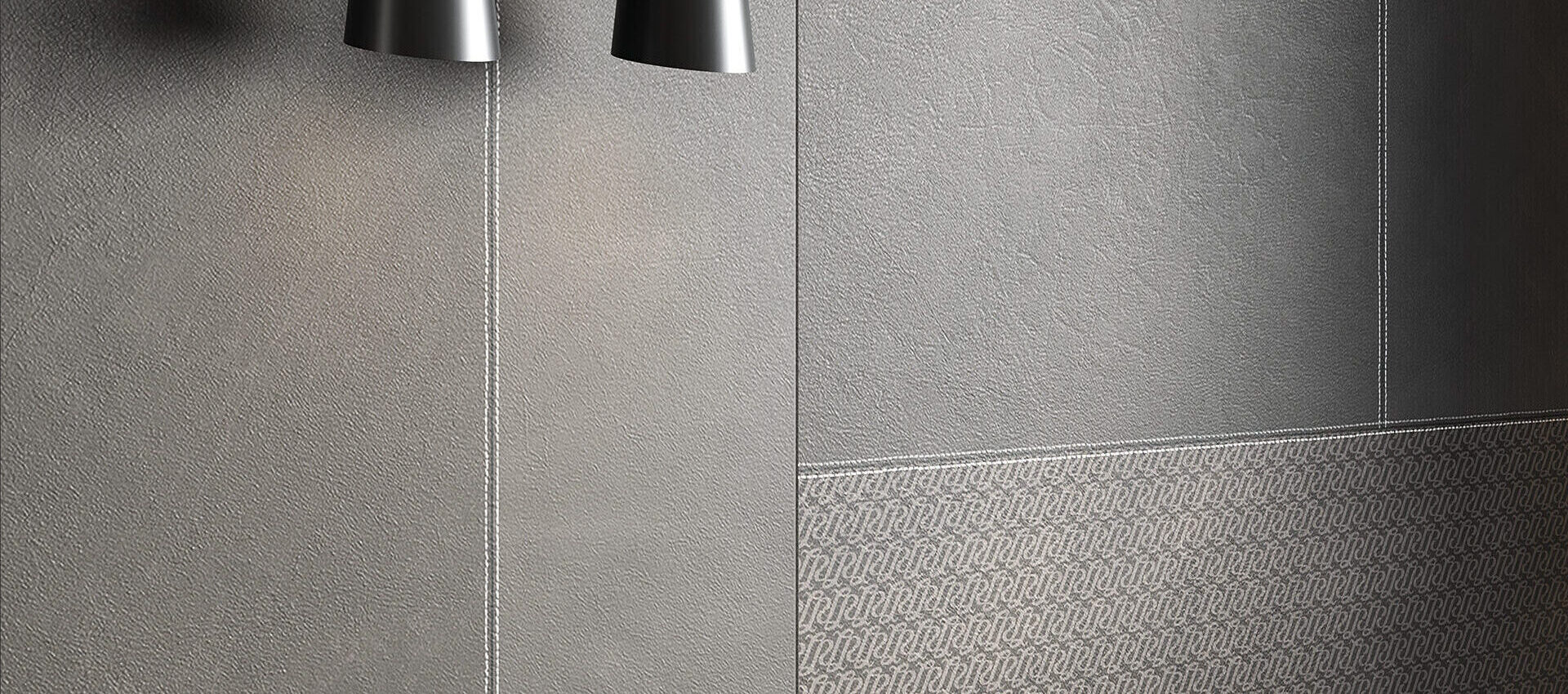 Akzentwand mit Lamborghini-Fliesen in Lederoptik, anthrazitgrau, fühlbare Lederstruktur und dekorative Nähte.