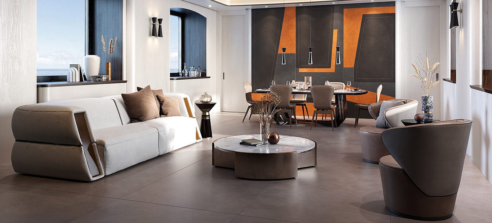 Wohnbereich mit großformatigen Lamborghini-Fliesen 120 × 280 cm an der Wand in ikonischem Orange-Anthrazit-Muster, Boden 120 × 120 cm in Grau.