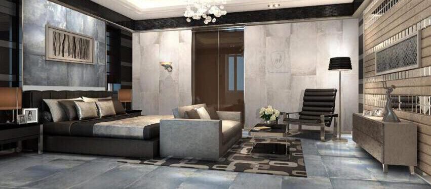 Rückzugsbereich mit exklusiven Lamborghini-Fliesen in Spachteloptik, hellblau und weiß, inklusive dezentem Lamborghini-Logo.