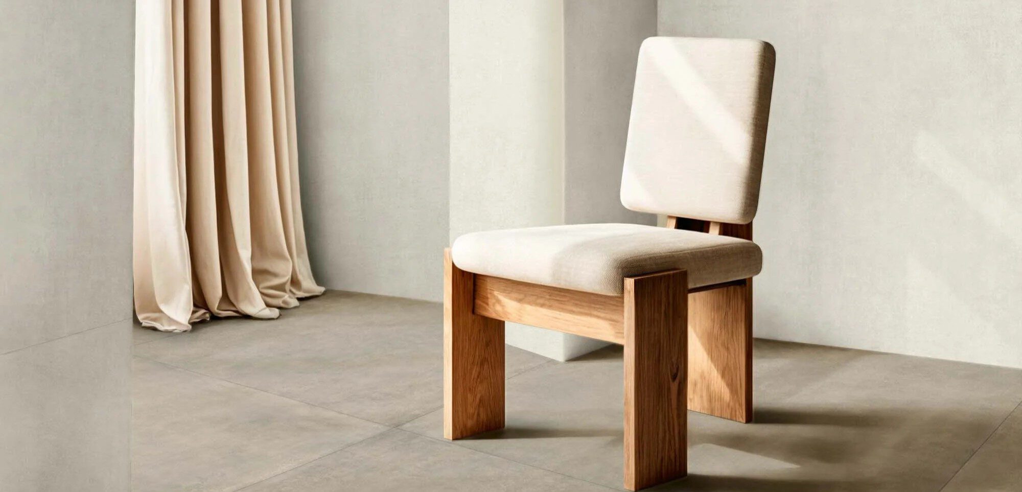 Raum mit großformatigen Resinoptik-Fliesen 120 × 120 cm an Wand und Boden, edle minimalistische Optik mit feiner Struktur und Designstuhl im Zentrum.